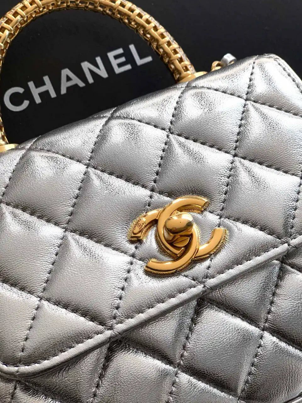 Chanel AS2214 Mini Flap Bag with Top Handle calfskin diamante gold metal Silver