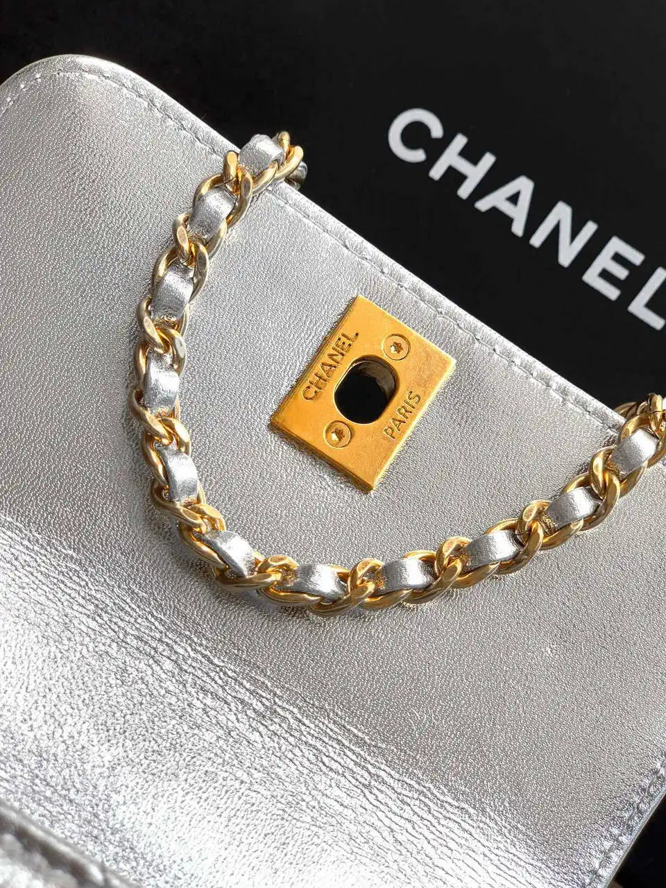 Chanel AS2214 Mini Flap Bag with Top Handle calfskin diamante gold metal Silver