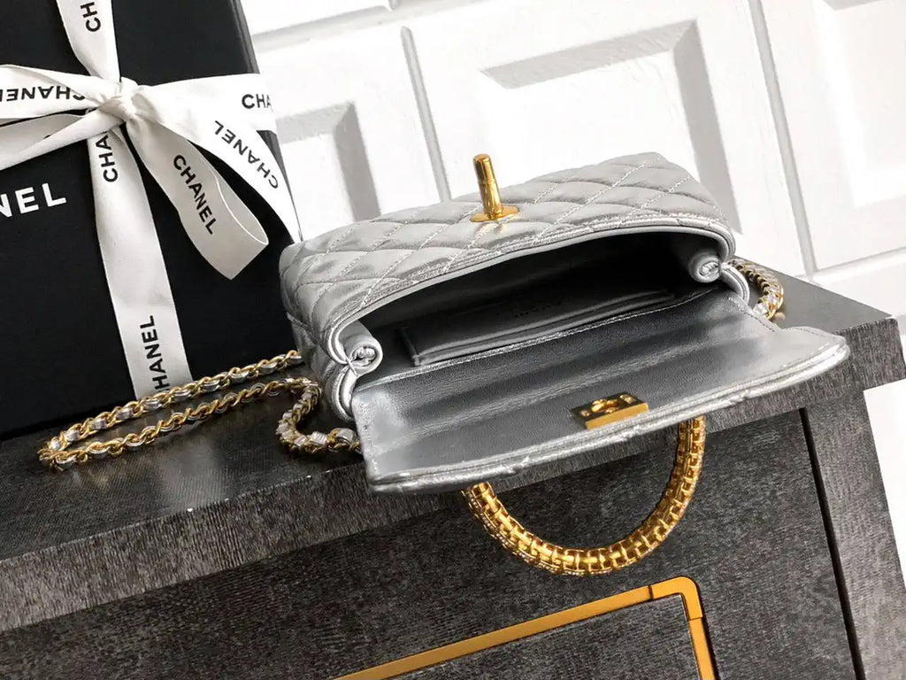 Chanel AS2214 Mini Flap Bag with Top Handle calfskin diamante gold metal Silver