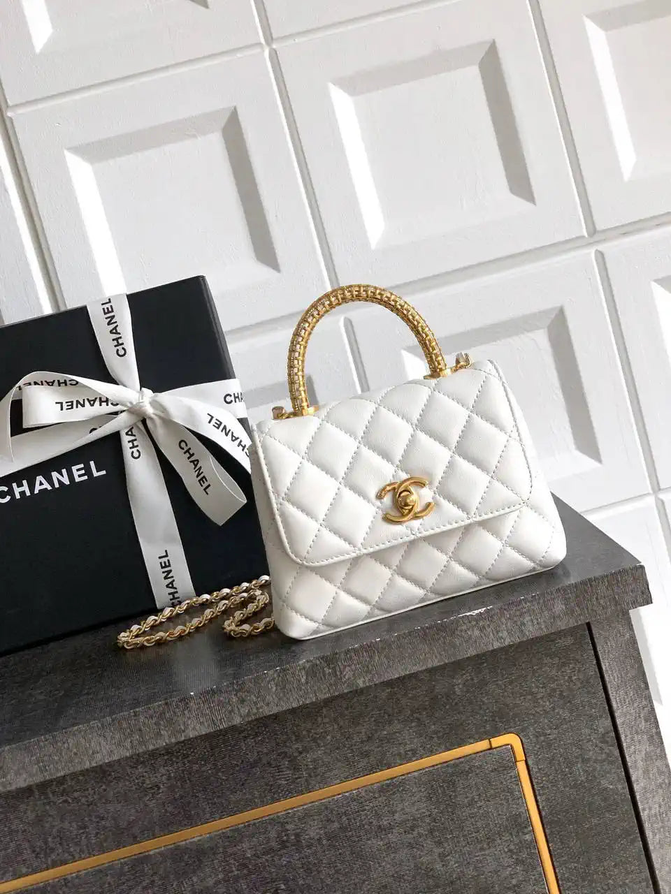 Chanel AS2214 Mini Flap Bag with Top Handle calfskin diamante gold metal White