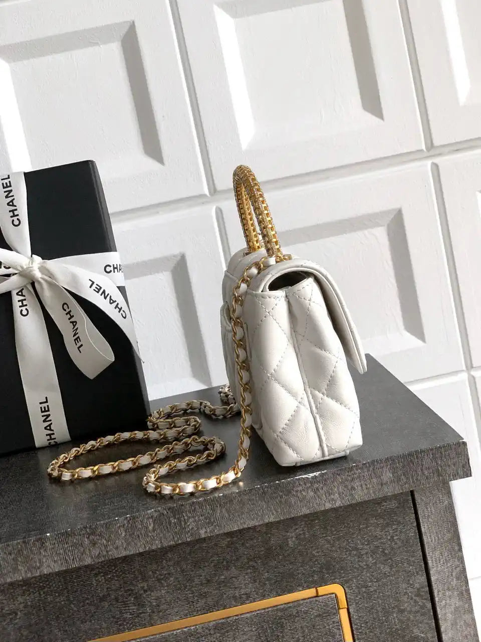 Chanel AS2214 Mini Flap Bag with Top Handle calfskin diamante gold metal White