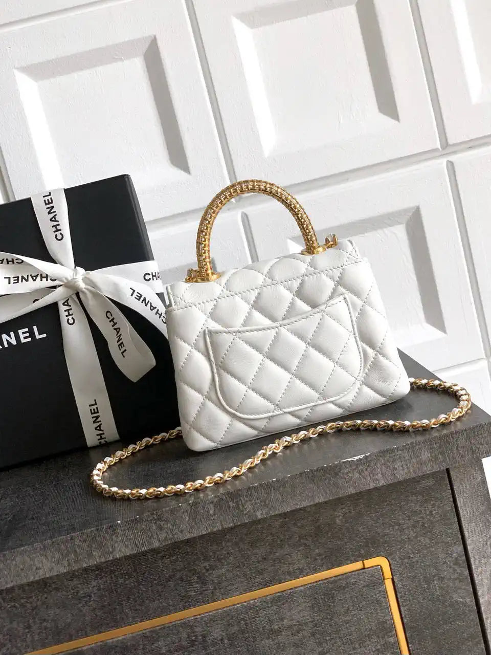 Chanel AS2214 Mini Flap Bag with Top Handle calfskin diamante gold metal White
