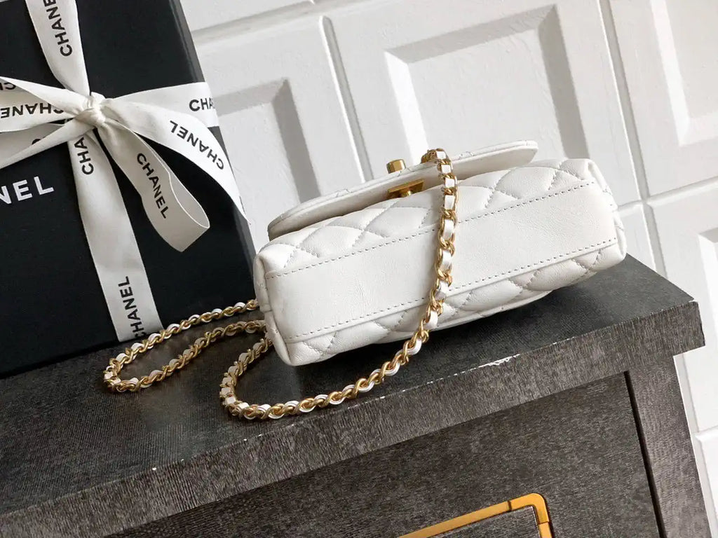 Chanel AS2214 Mini Flap Bag with Top Handle calfskin diamante gold metal White