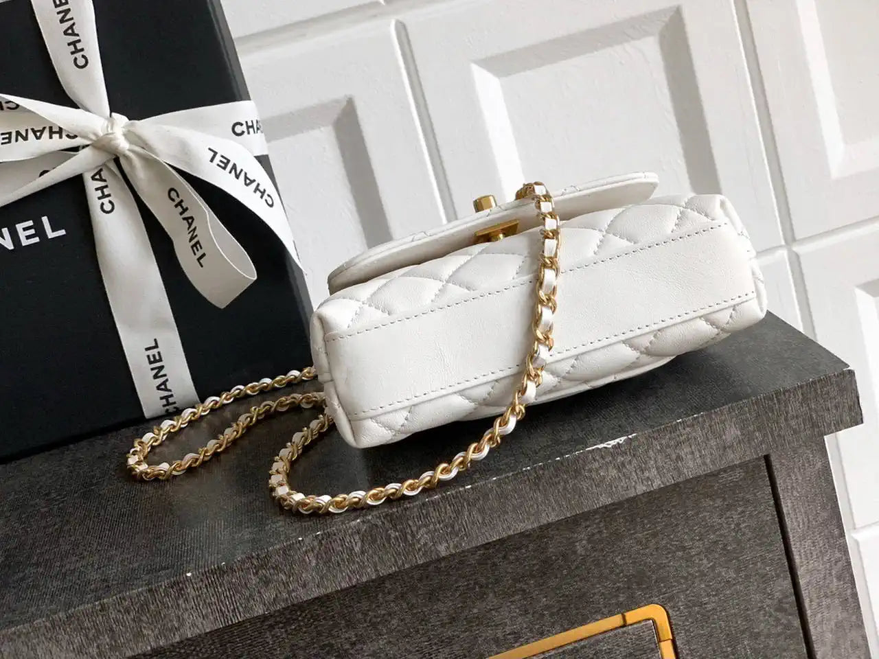 Chanel AS2214 Mini Flap Bag with Top Handle calfskin diamante gold metal White
