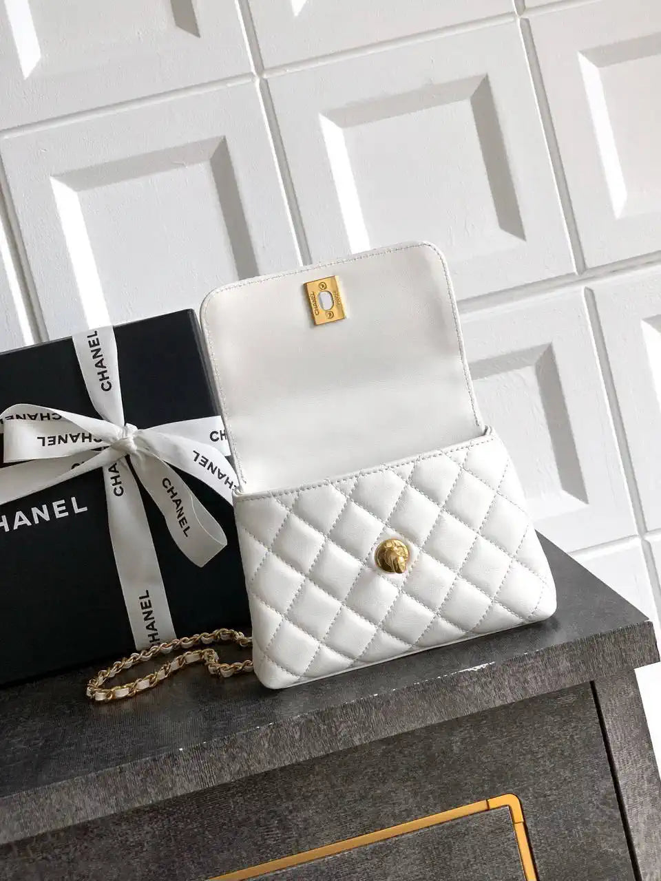 Chanel AS2214 Mini Flap Bag with Top Handle calfskin diamante gold metal White