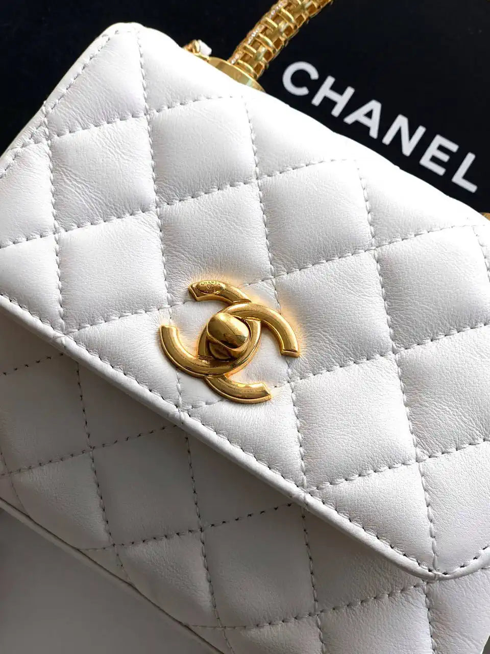 Chanel AS2214 Mini Flap Bag with Top Handle calfskin diamante gold metal White