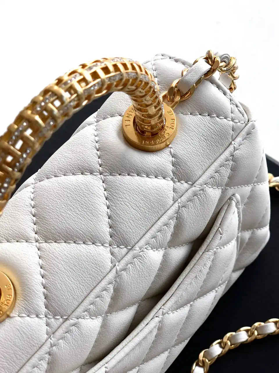 Chanel AS2214 Mini Flap Bag with Top Handle calfskin diamante gold metal White