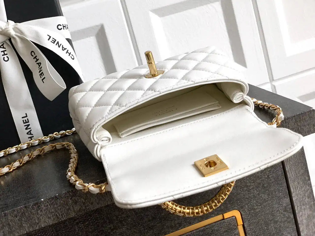 Chanel AS2214 Mini Flap Bag with Top Handle calfskin diamante gold metal White