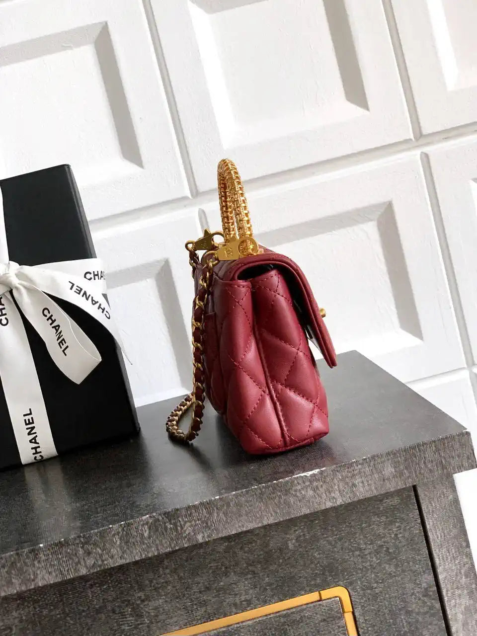 Chanel AS2214 Mini Flap Bag with Top Handle calfskin diamante gold metal Red