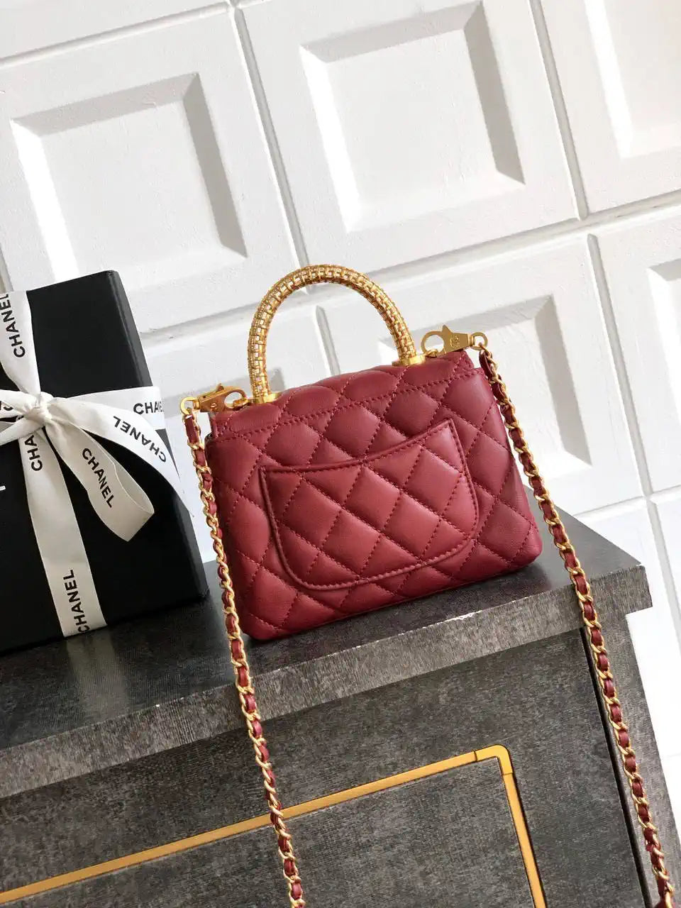 Chanel AS2214 Mini Flap Bag with Top Handle calfskin diamante gold metal Red