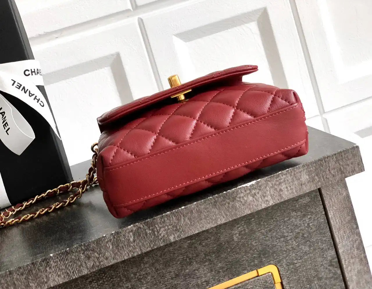 Chanel AS2214 Mini Flap Bag with Top Handle calfskin diamante gold metal Red