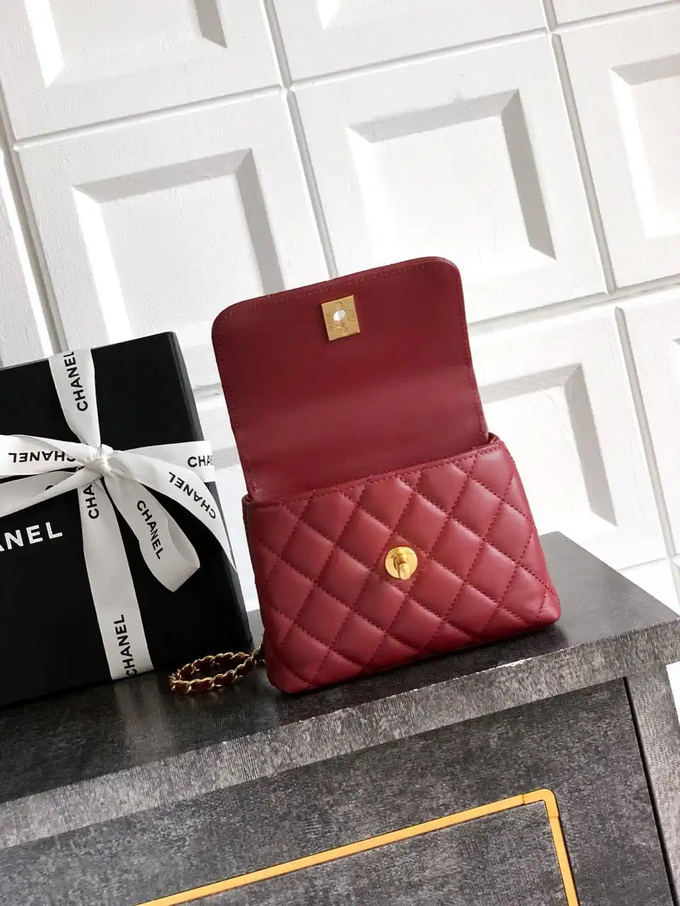Chanel AS2214 Mini Flap Bag with Top Handle calfskin diamante gold metal Red
