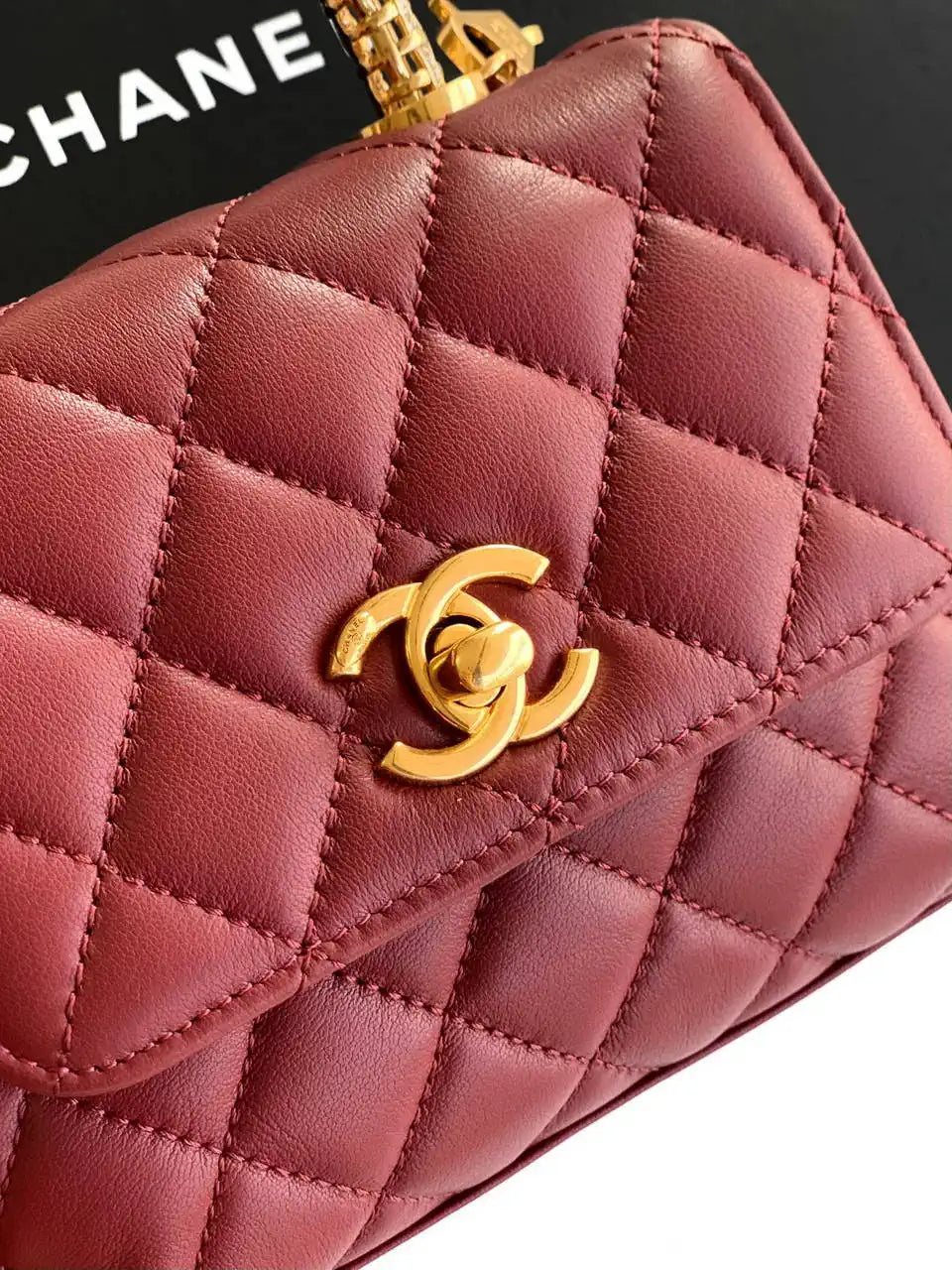 Chanel AS2214 Mini Flap Bag with Top Handle calfskin diamante gold metal Red