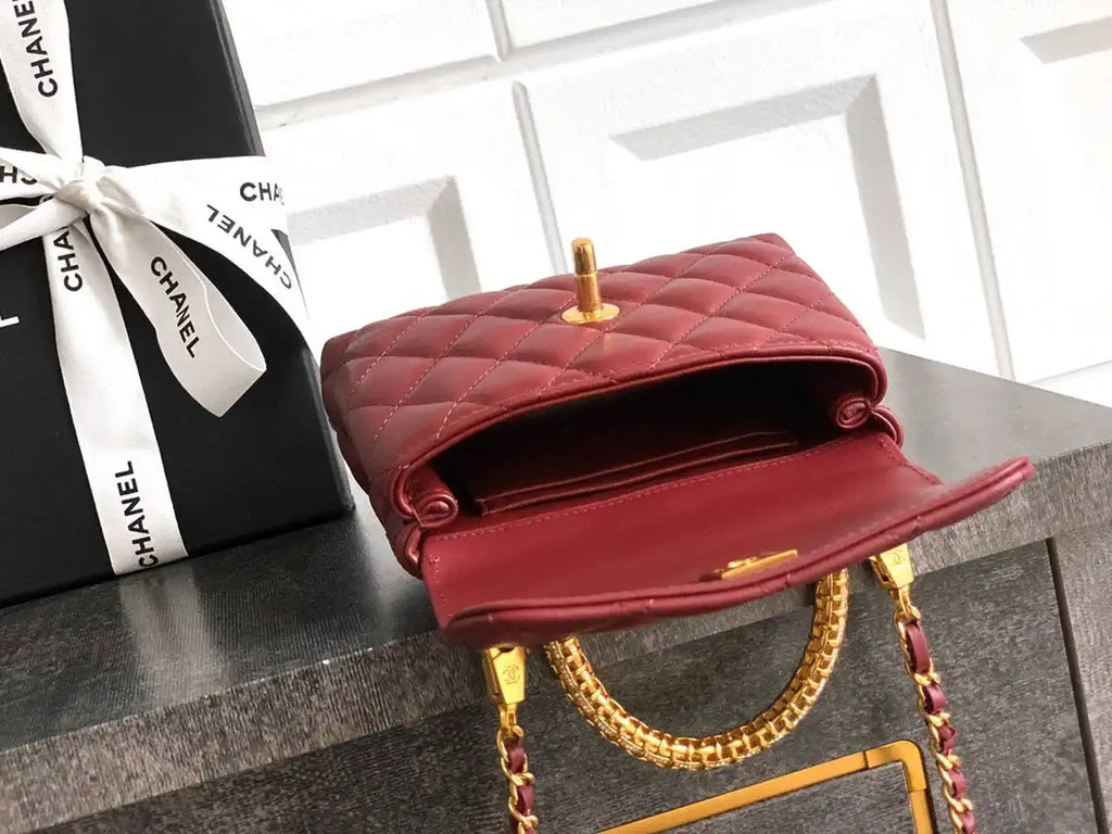 Chanel AS2214 Mini Flap Bag with Top Handle calfskin diamante gold metal Red