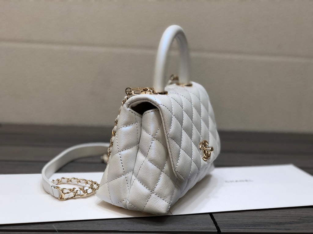 Chanel AS2215 mini flap bag with top handle Bag Silver White