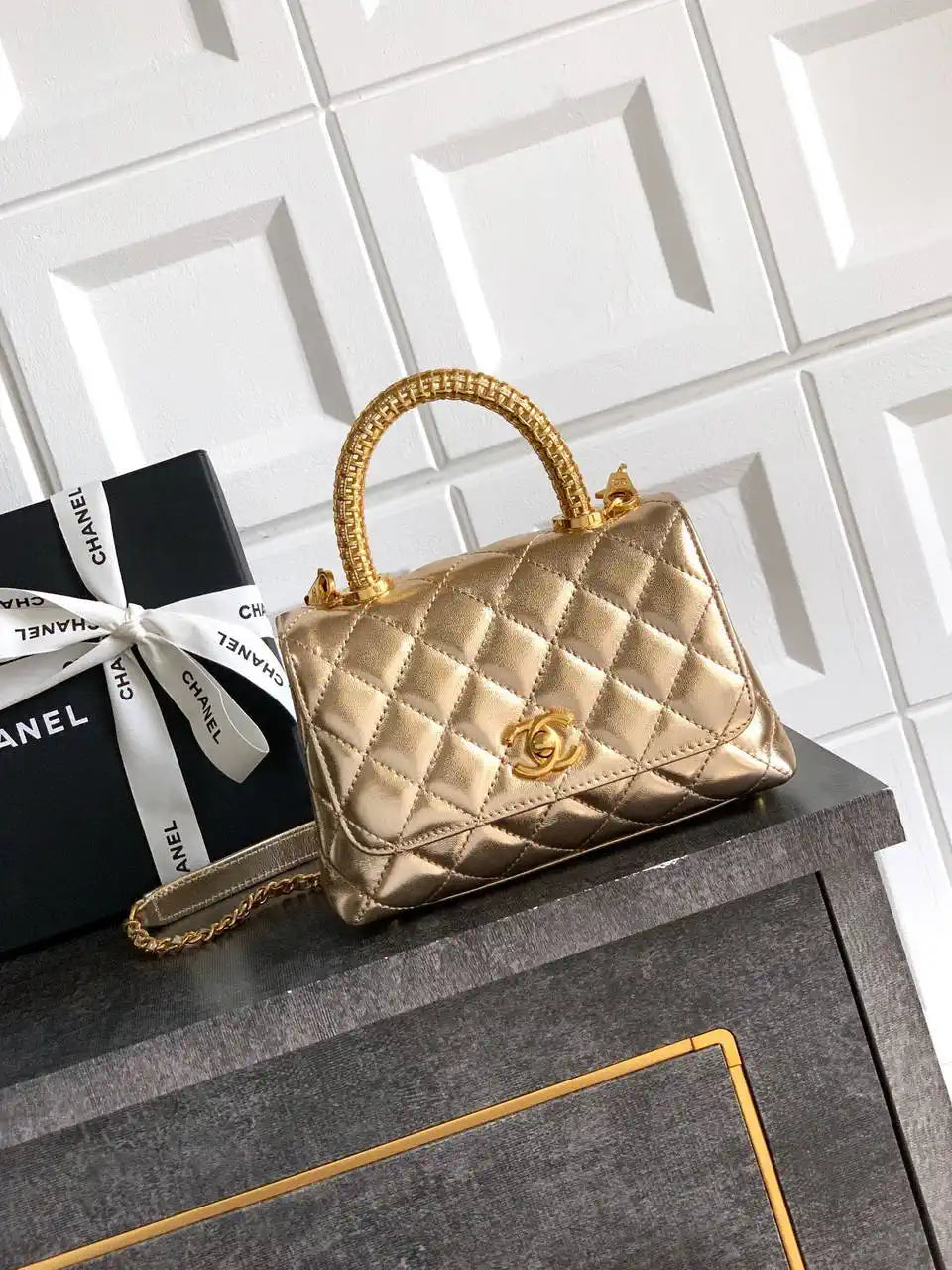 Chanel AS2215 Mini Flap Bag with Top Handle calfskin diamante gold metal Gold