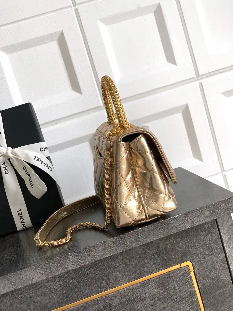Chanel AS2215 Mini Flap Bag with Top Handle calfskin diamante gold metal Gold