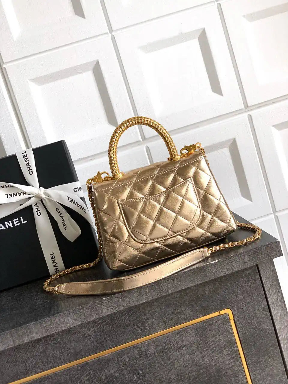 Chanel AS2215 Mini Flap Bag with Top Handle calfskin diamante gold metal Gold