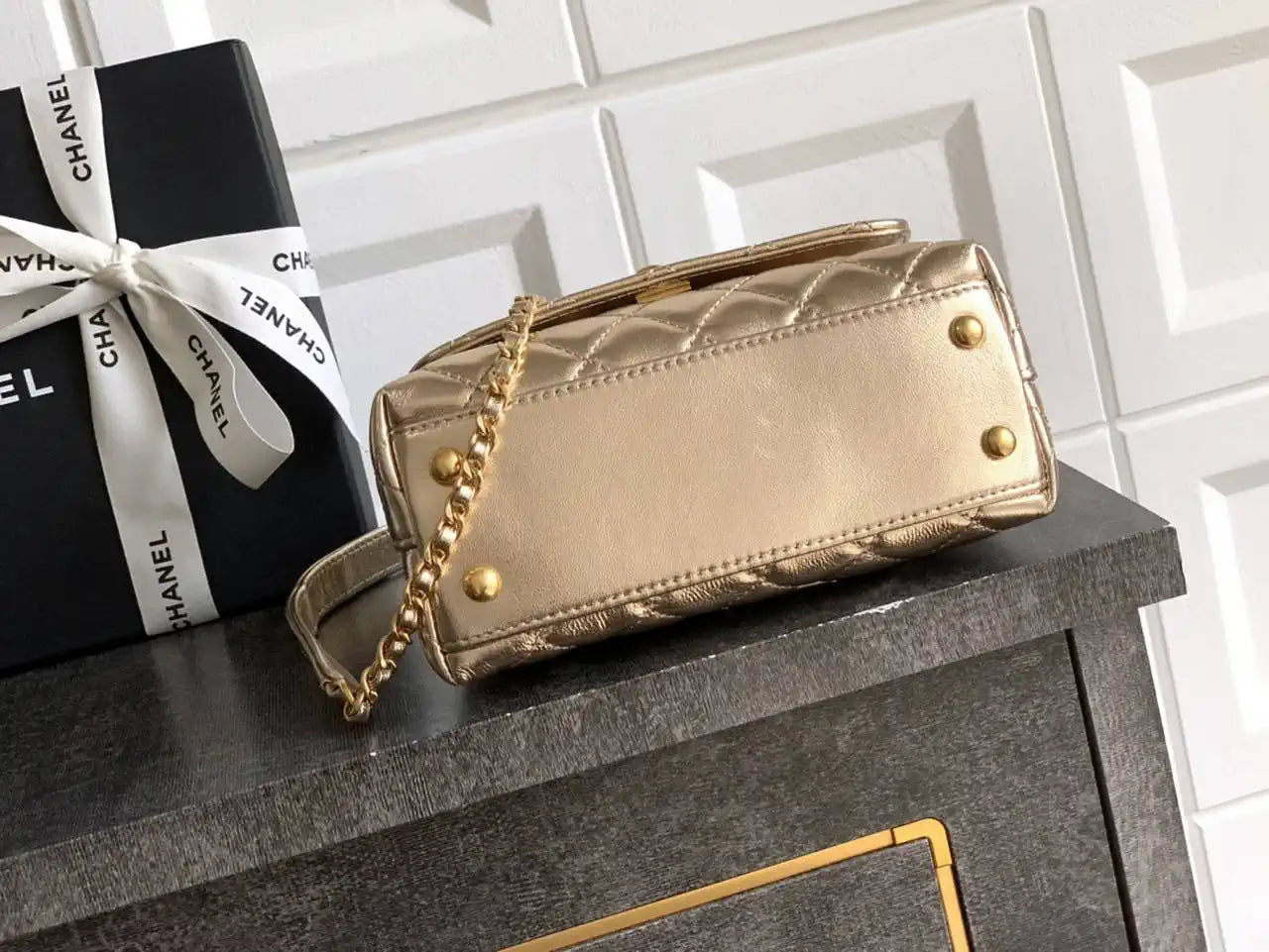 Chanel AS2215 Mini Flap Bag with Top Handle calfskin diamante gold metal Gold
