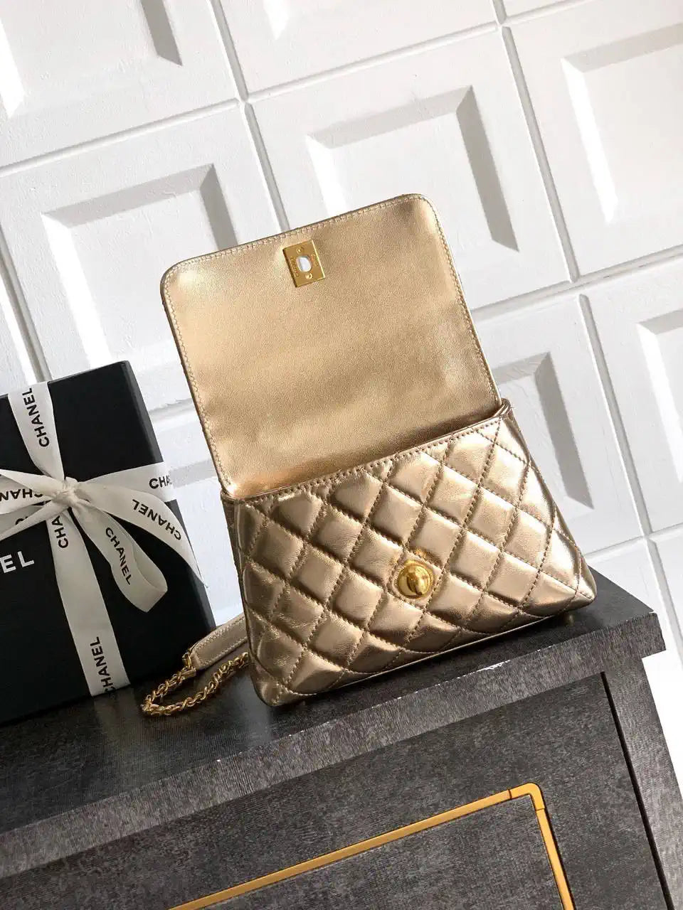 Chanel AS2215 Mini Flap Bag with Top Handle calfskin diamante gold metal Gold
