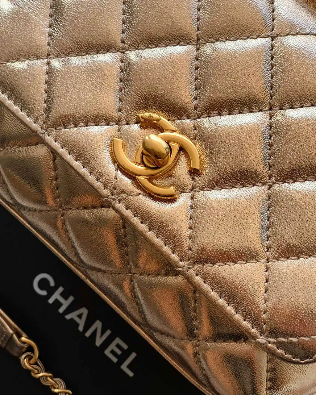 Chanel AS2215 Mini Flap Bag with Top Handle calfskin diamante gold metal Gold