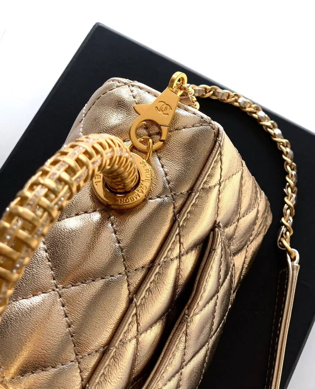 Chanel AS2215 Mini Flap Bag with Top Handle calfskin diamante gold metal Gold