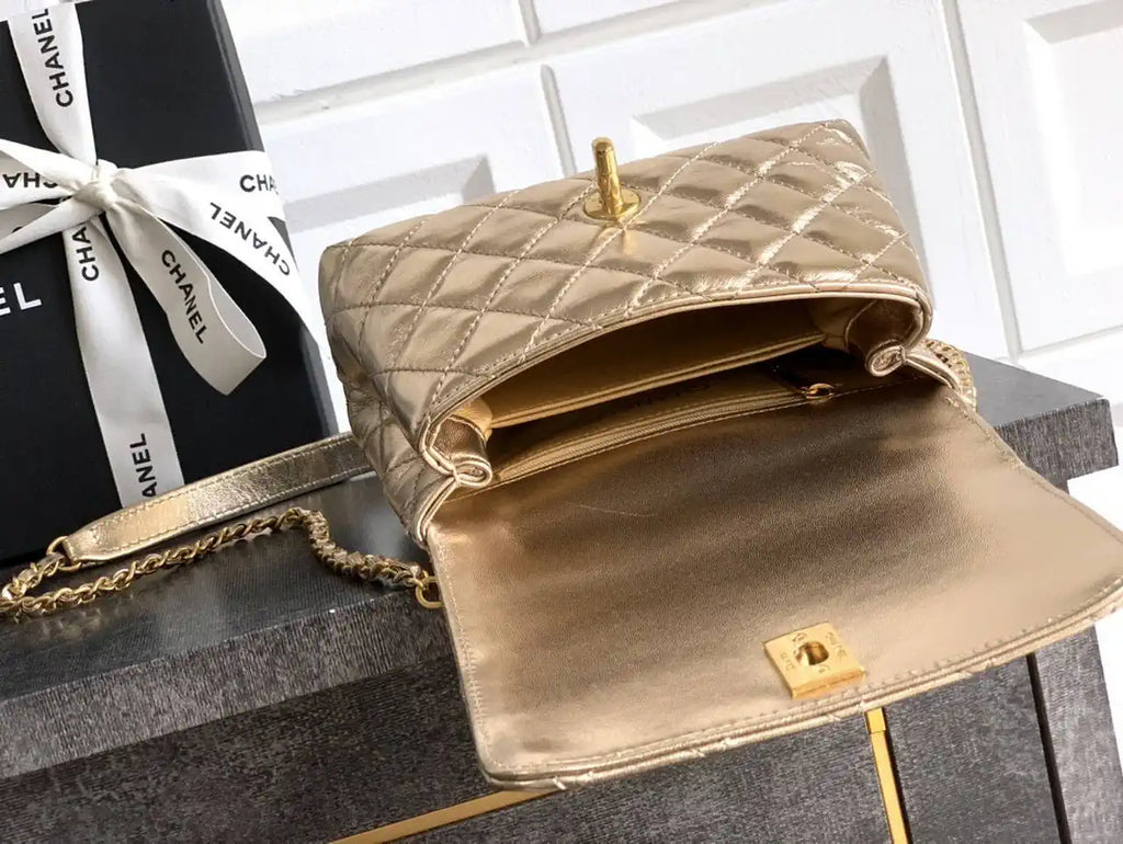 Chanel AS2215 Mini Flap Bag with Top Handle calfskin diamante gold metal Gold