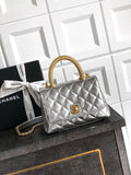 Chanel AS2215 Mini Flap Bag with Top Handle calfskin diamante gold metal Silver