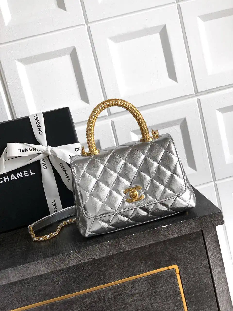 Chanel AS2215 Mini Flap Bag with Top Handle calfskin diamante gold metal Silver