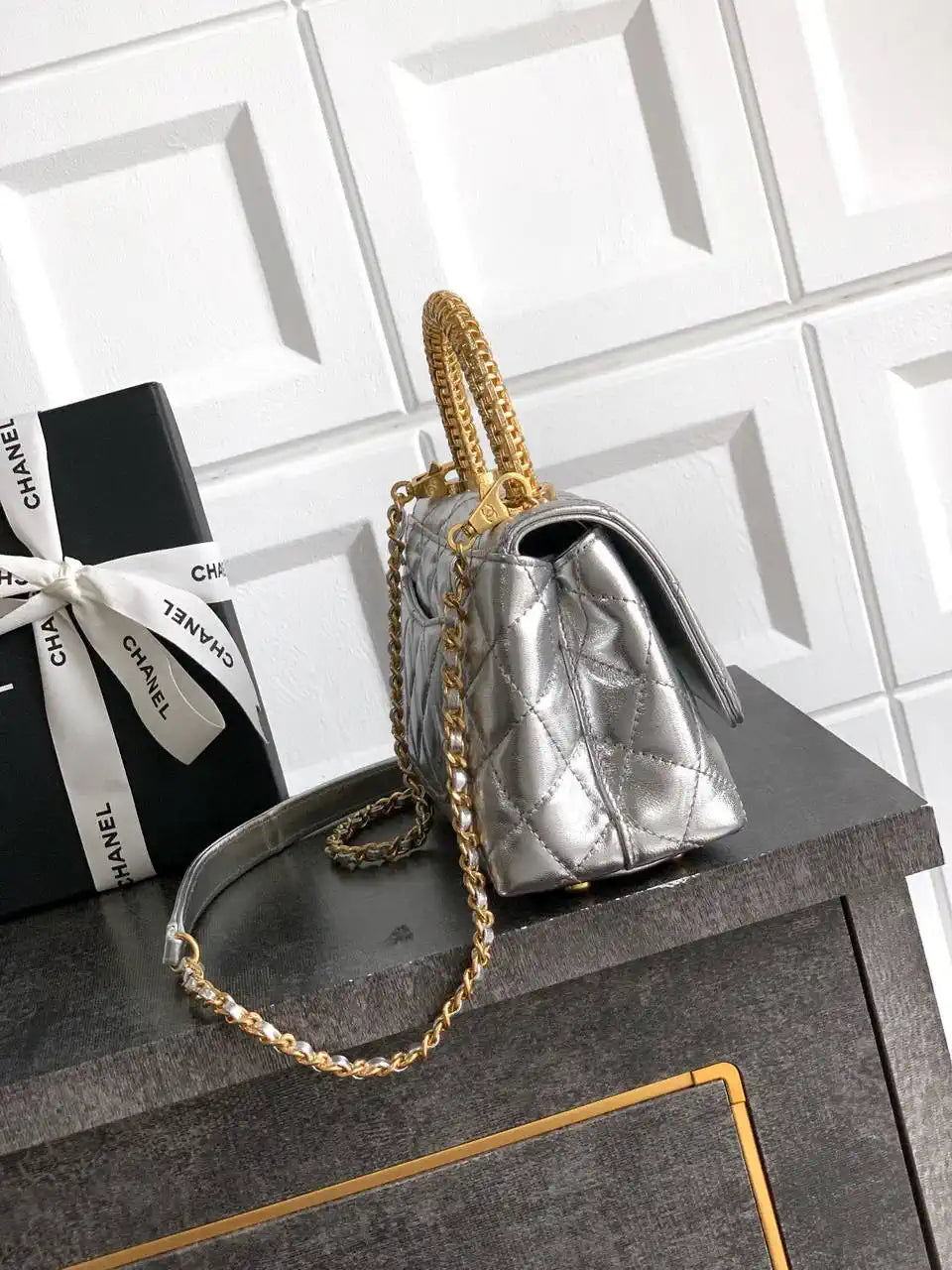 Chanel AS2215 Mini Flap Bag with Top Handle calfskin diamante gold metal Silver