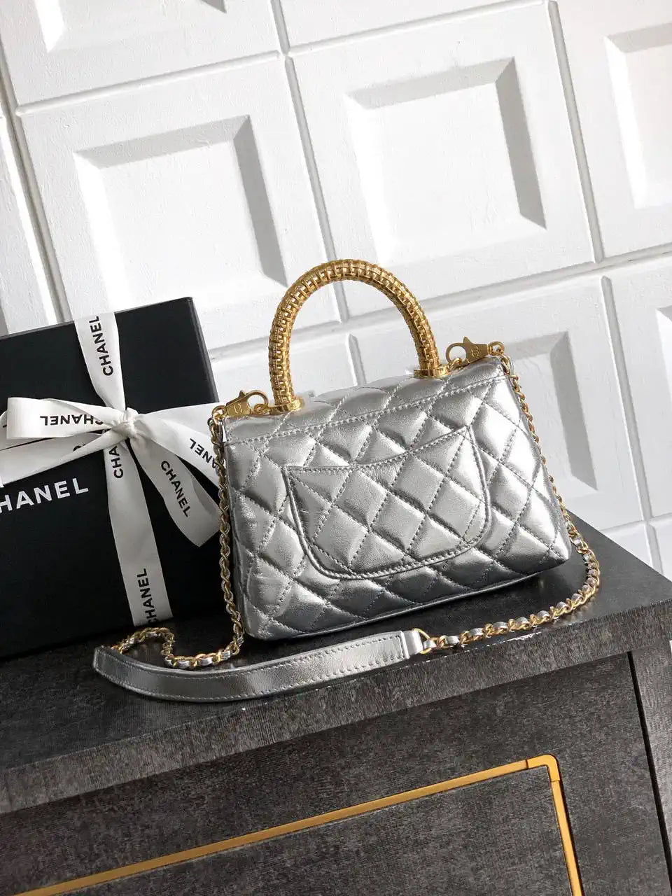 Chanel AS2215 Mini Flap Bag with Top Handle calfskin diamante gold metal Silver