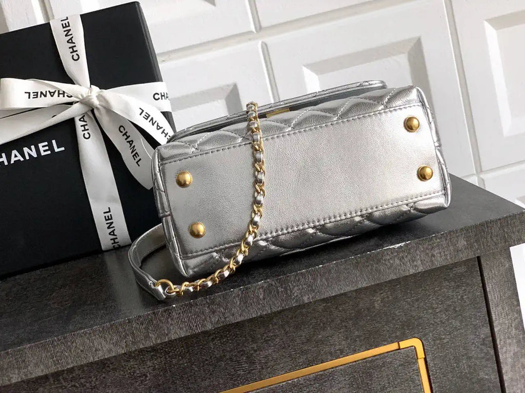 Chanel AS2215 Mini Flap Bag with Top Handle calfskin diamante gold metal Silver