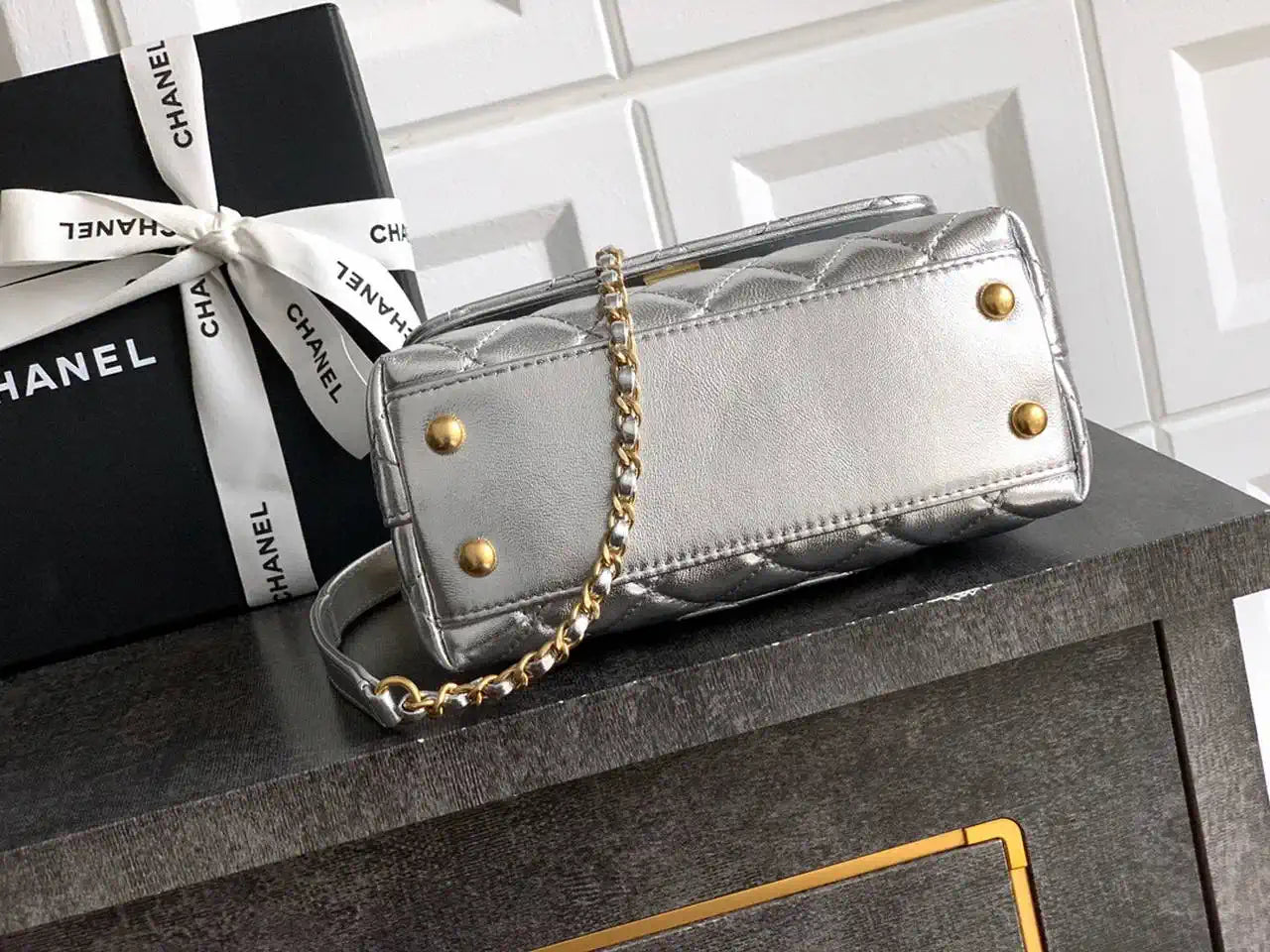 Chanel AS2215 Mini Flap Bag with Top Handle calfskin diamante gold metal Silver