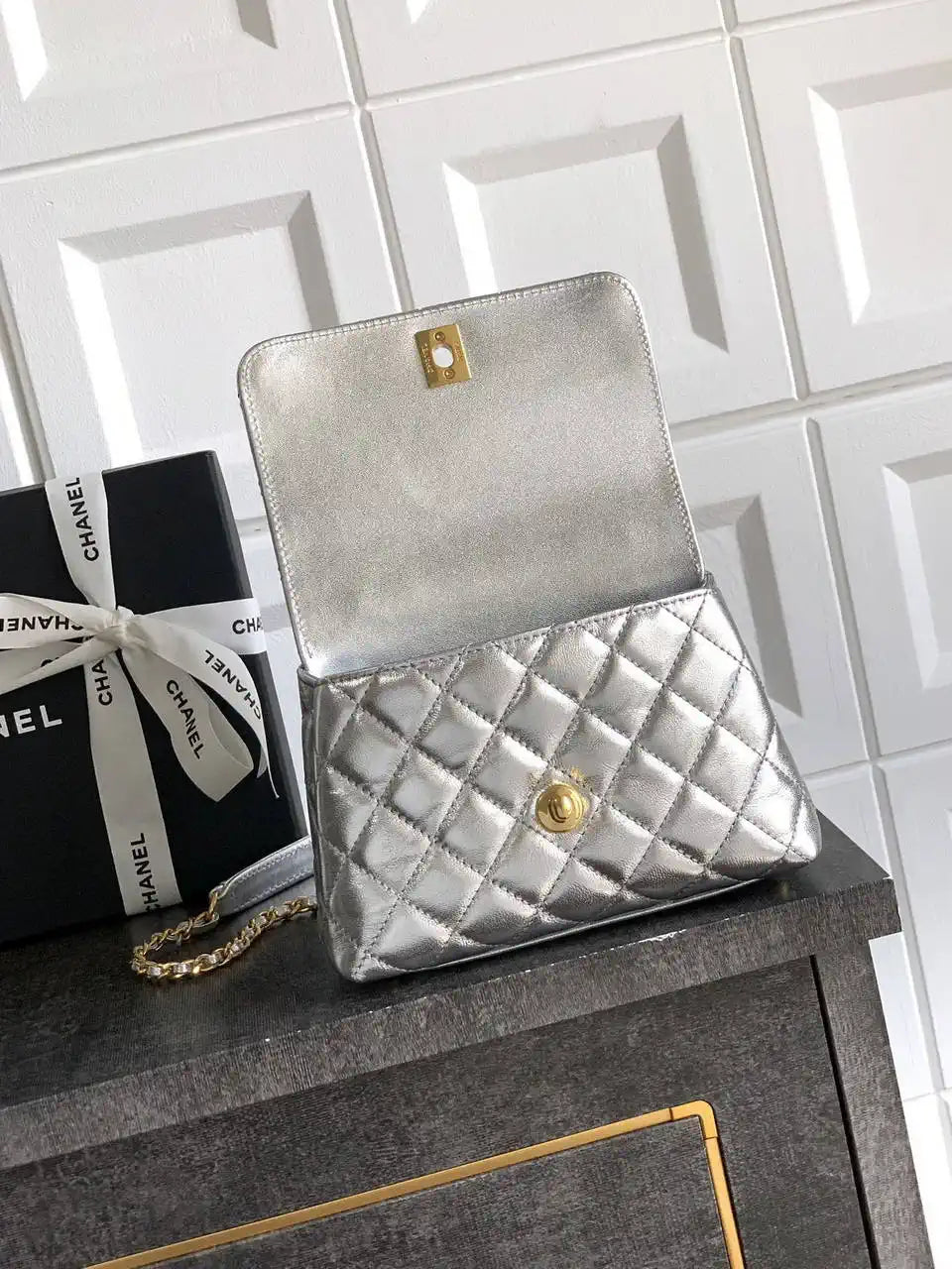 Chanel AS2215 Mini Flap Bag with Top Handle calfskin diamante gold metal Silver
