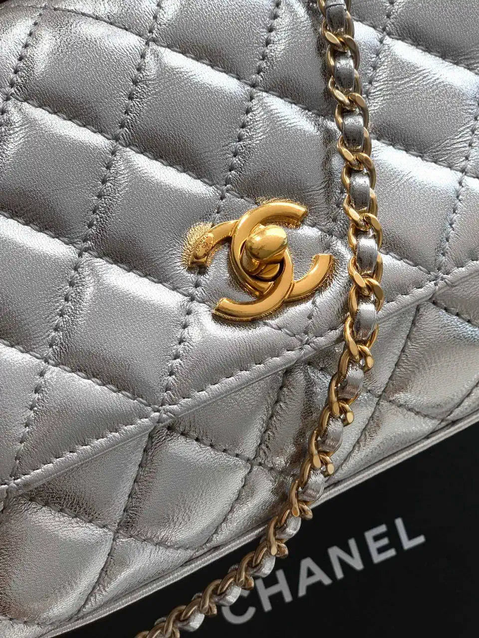Chanel AS2215 Mini Flap Bag with Top Handle calfskin diamante gold metal Silver
