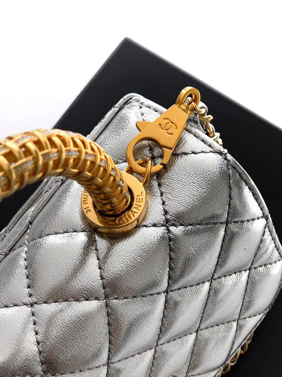 Chanel AS2215 Mini Flap Bag with Top Handle calfskin diamante gold metal Silver