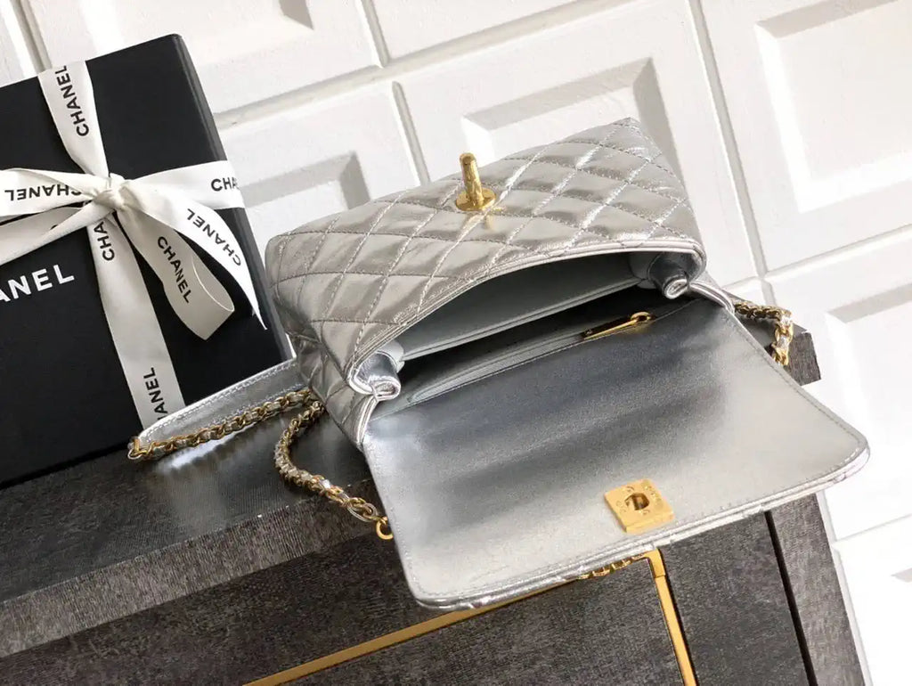 Chanel AS2215 Mini Flap Bag with Top Handle calfskin diamante gold metal Silver