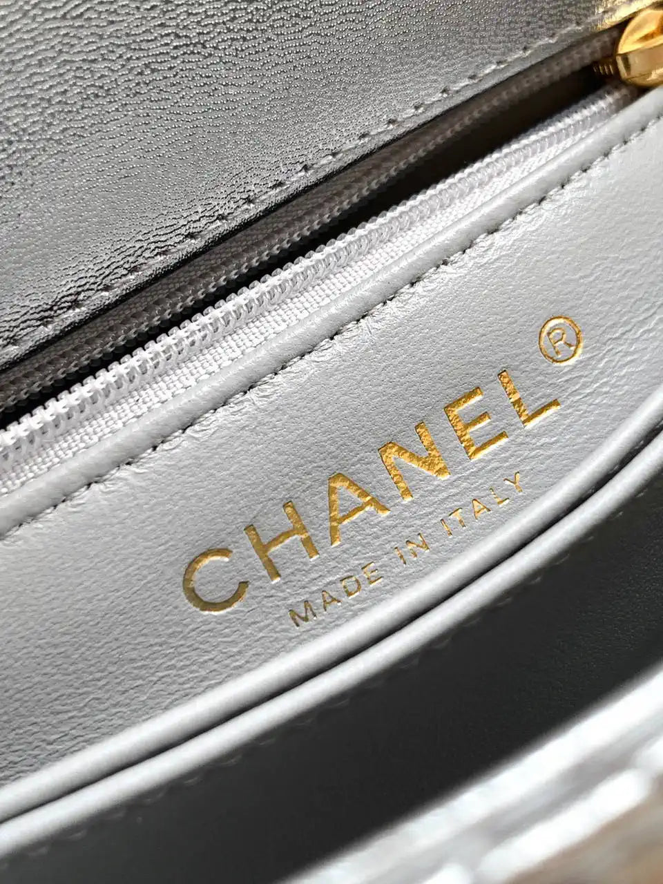 Chanel AS2215 Mini Flap Bag with Top Handle calfskin diamante gold metal Silver