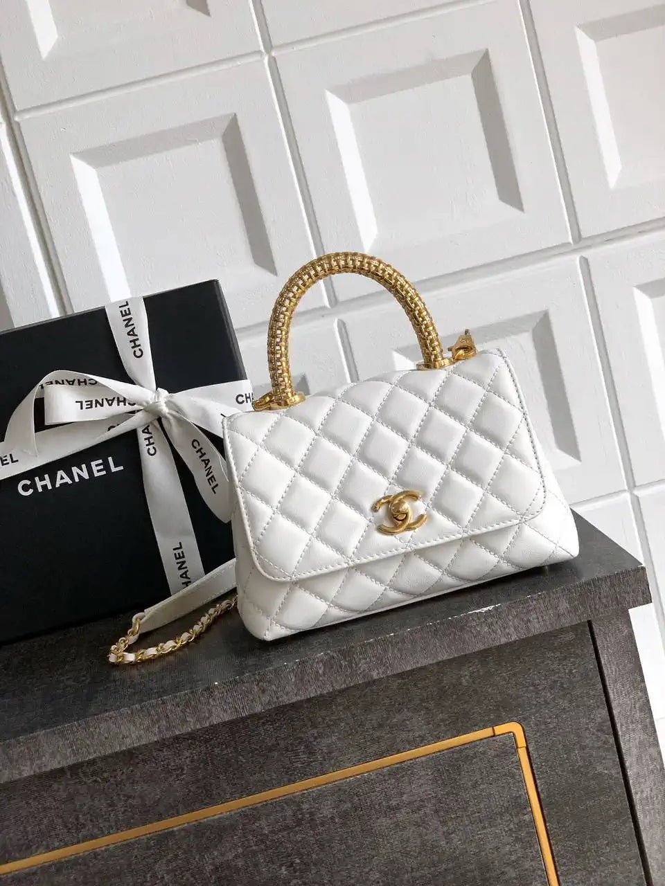 Chanel AS2215 Mini Flap Bag with Top Handle calfskin diamante gold metal White