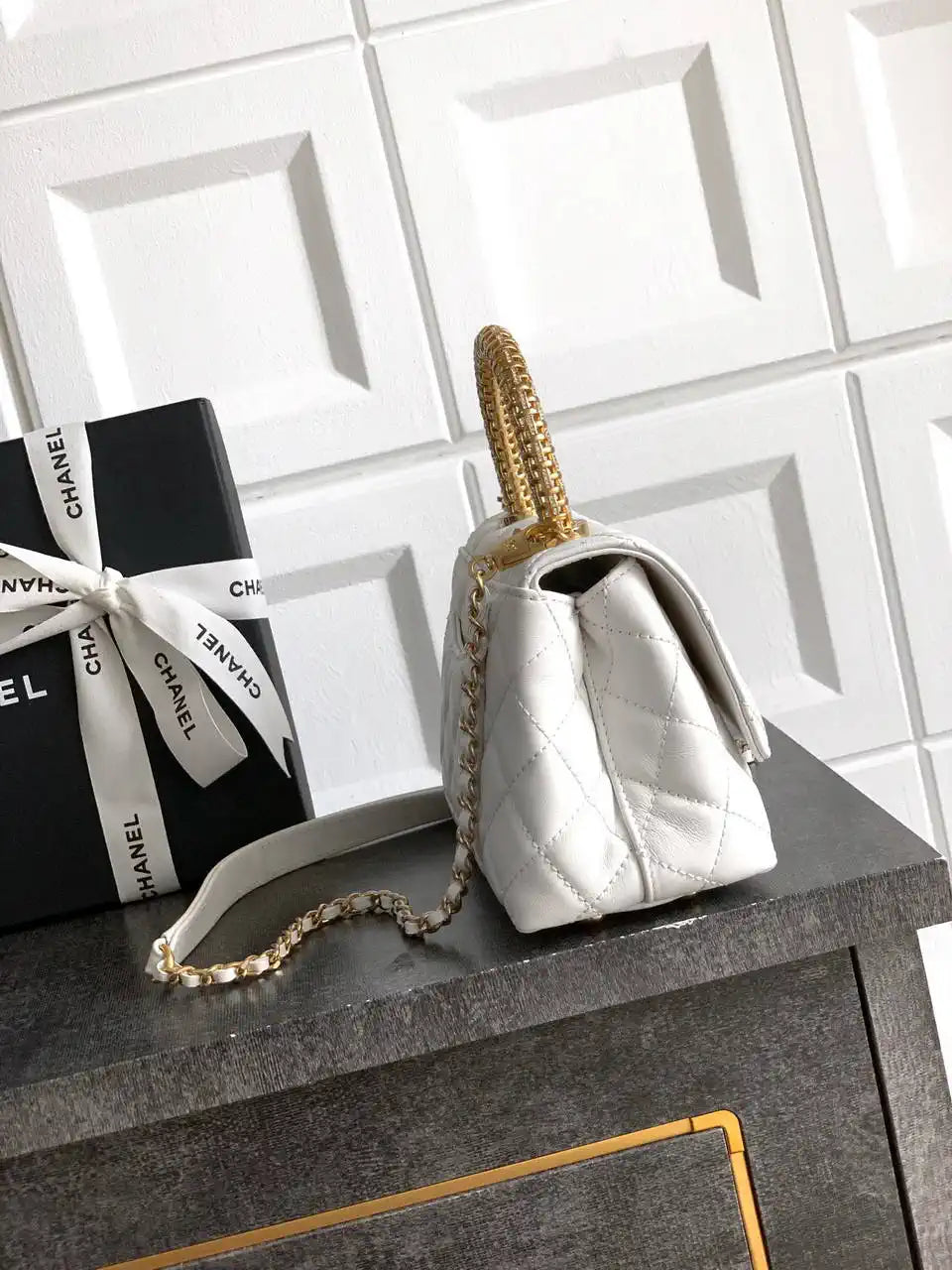 Chanel AS2215 Mini Flap Bag with Top Handle calfskin diamante gold metal White