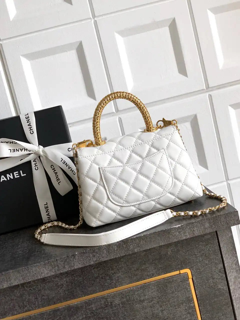 Chanel AS2215 Mini Flap Bag with Top Handle calfskin diamante gold metal White