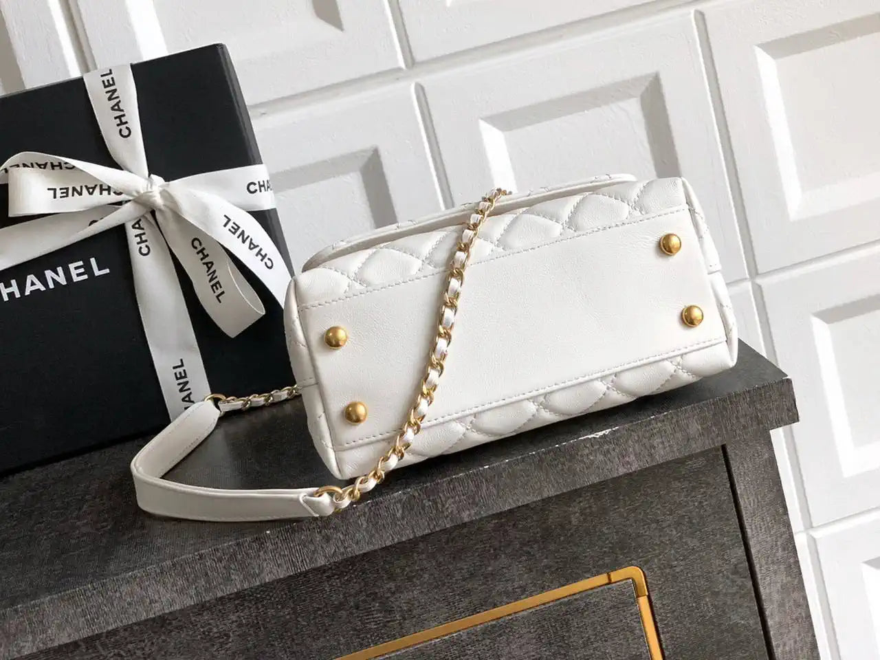 Chanel AS2215 Mini Flap Bag with Top Handle calfskin diamante gold metal White