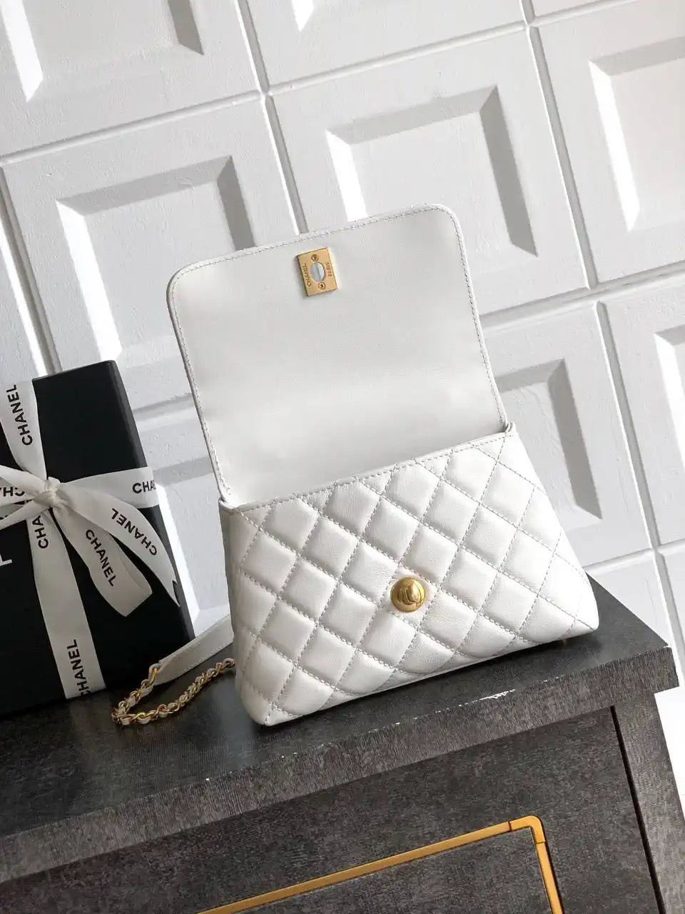 Chanel AS2215 Mini Flap Bag with Top Handle calfskin diamante gold metal White