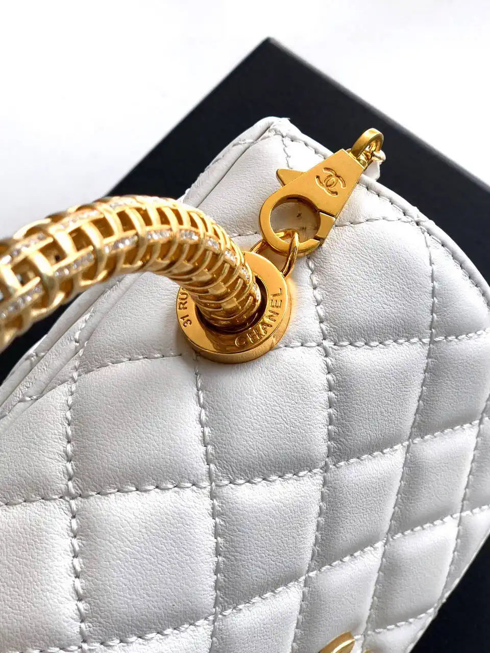 Chanel AS2215 Mini Flap Bag with Top Handle calfskin diamante gold metal White