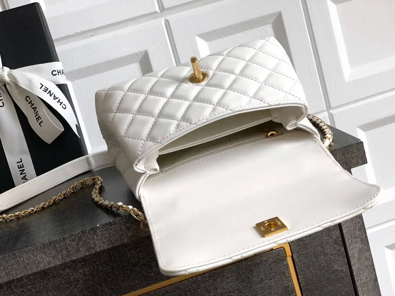 Chanel AS2215 Mini Flap Bag with Top Handle calfskin diamante gold metal White