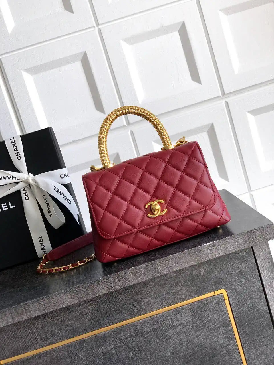 Chanel AS2215 Mini Flap Bag with Top Handle calfskin diamante gold metal Red