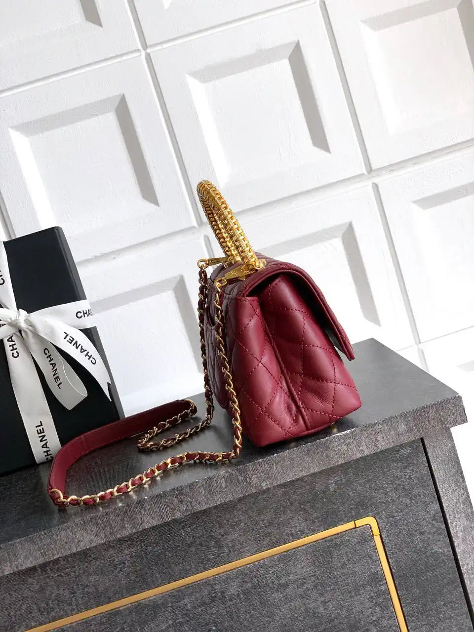 Chanel AS2215 Mini Flap Bag with Top Handle calfskin diamante gold metal Red