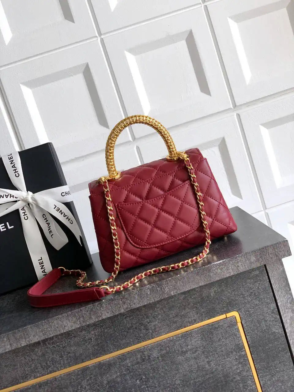 Chanel AS2215 Mini Flap Bag with Top Handle calfskin diamante gold metal Red