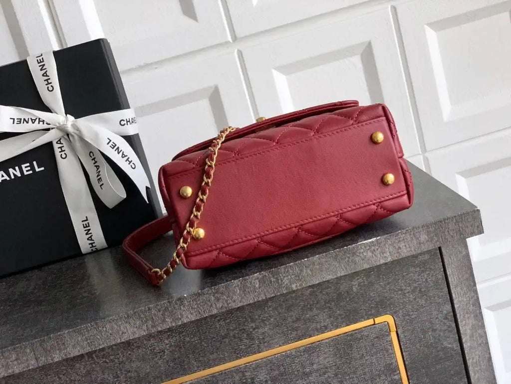 Chanel AS2215 Mini Flap Bag with Top Handle calfskin diamante gold metal Red