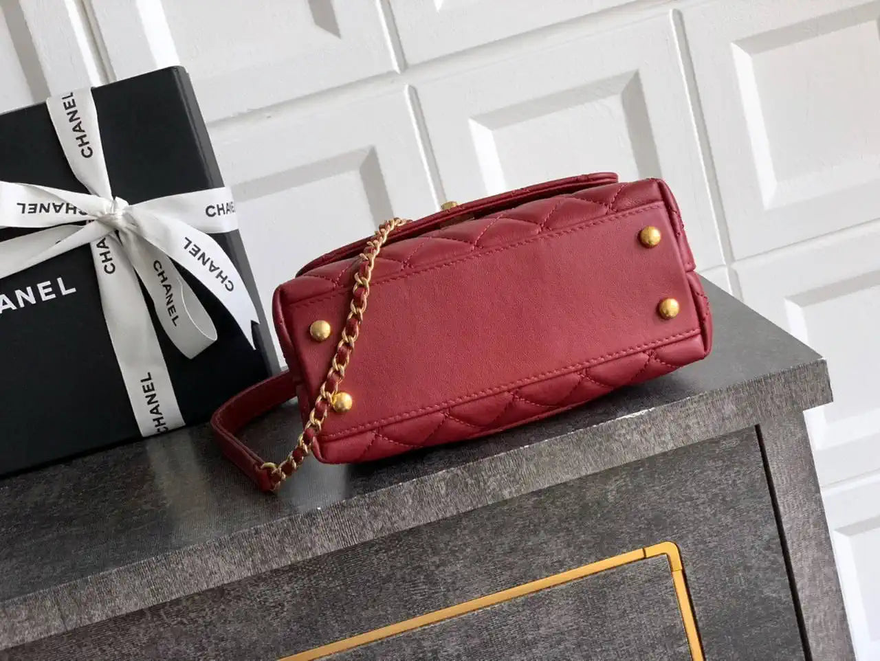Chanel AS2215 Mini Flap Bag with Top Handle calfskin diamante gold metal Red